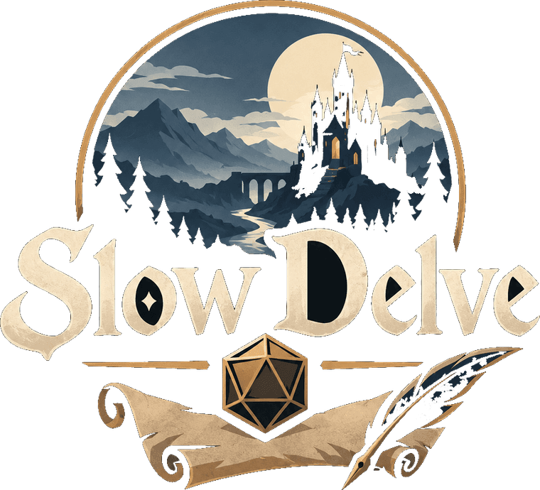 SlowDelve — a d20 and a quill over a moonlit keep